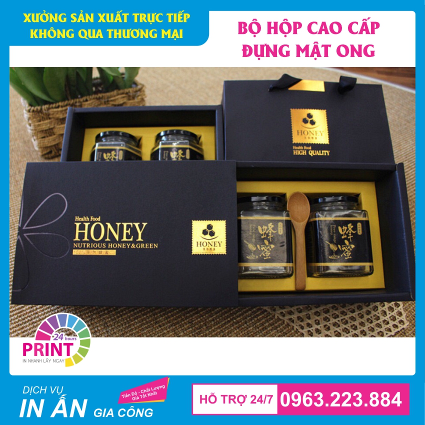 Bộ mẫu hộp giấy, túi giấy ép nhũ đựng mật ong