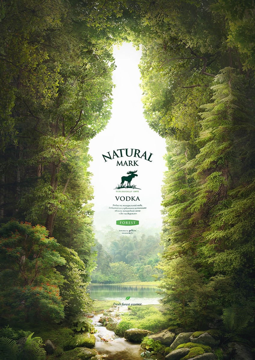 Poster nghệ thuật sử dụng ý tưởng khung cảnh giữa hai bờ cây xanh tạo hình thành chai rượu vodka mang hương vị thiên nhiên
