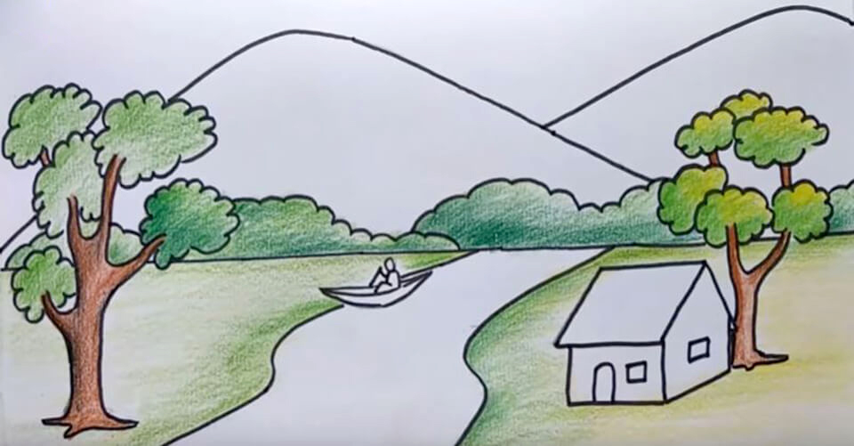 Cách vẽ tranh phong cảnh đơn giản vẽ tranh phong cảnh quê hương bằng bút  chì