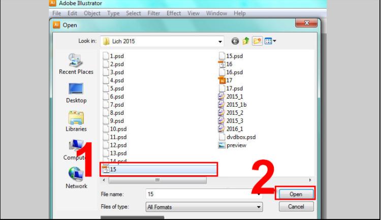 Tìm đến file EPS mà bạn muốn chuyển sang định dạng PSD, chọn file cần chuyển đổi > Nhấn Open.