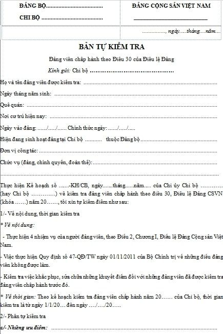 Mẫu bản tự kiểm tra Đảng viên chấp hành điều lệ 2021 - In Nhãn Mác