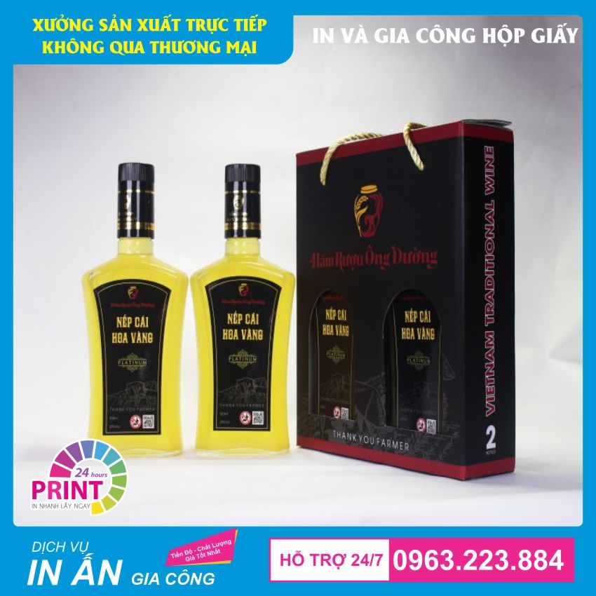 mẫu hộp giấy đựng chai rượu nếp cái hoa vàng