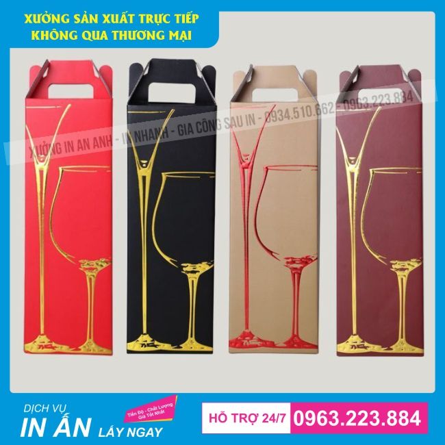 hộp giấy đựng rượu vang bằng chất liệu carton sóng bồi duplex có ép nhũ