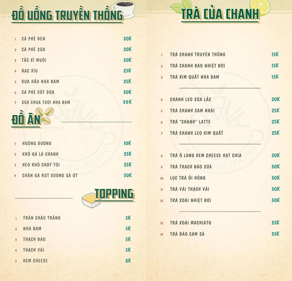 In menu đồ uống trà chanh tại in An Anh