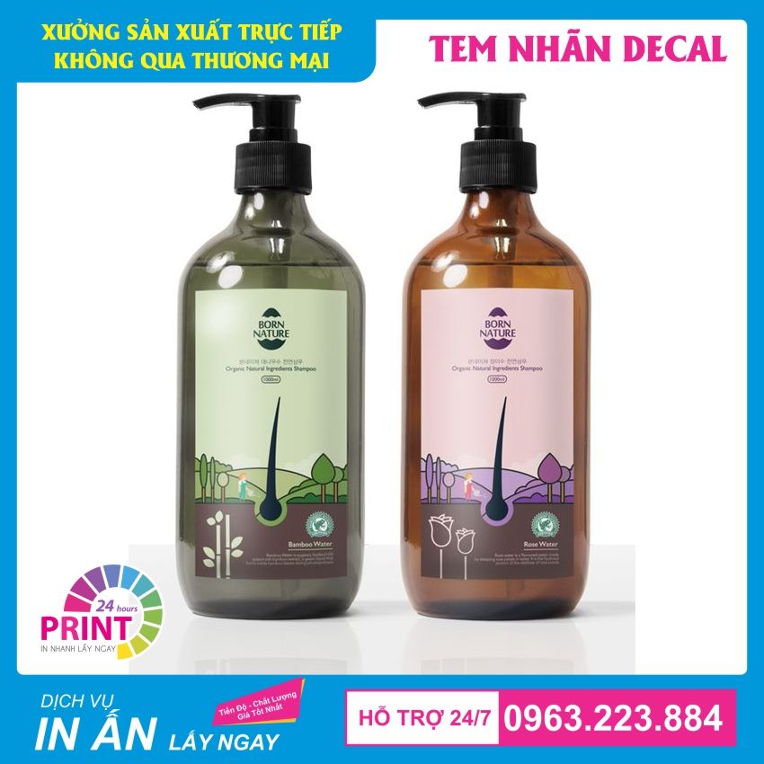 Mẫu decal nhựa dán lên chai lọ dầu gội đầu, hóa mỹ phẩm