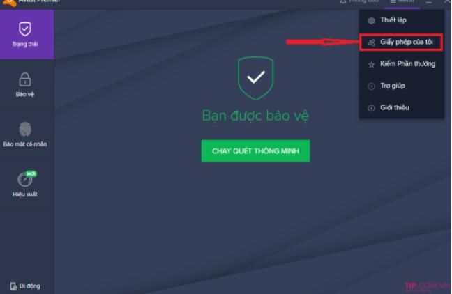 Avast Premier: Menu >> My licenses (Giấy phép của tôi)