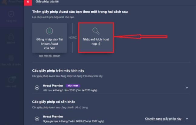 key Avast 2021: Chọn nhập mã kích hoạt hợp lệ -> Chọn một mã kích hoạt Avast