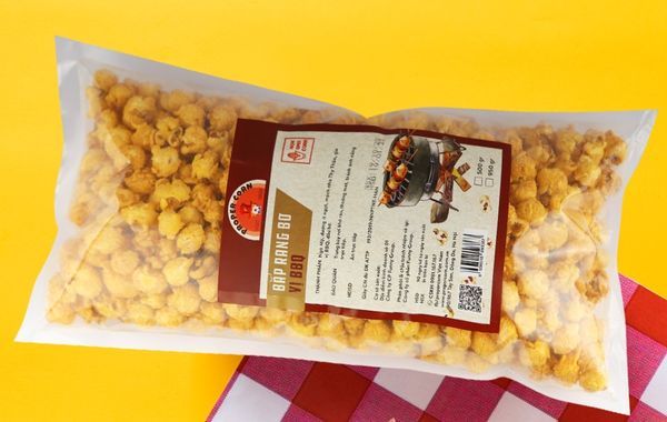 Mẫu tem giấy dán túi đựng bắp ràng bơ vị BBQ