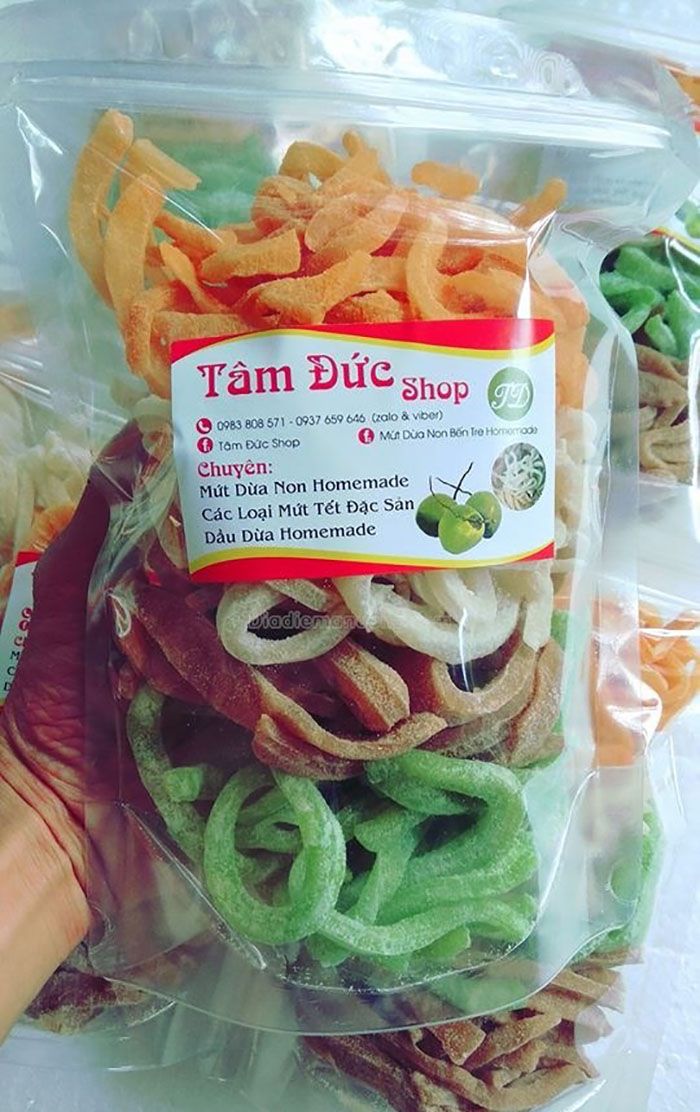 Mẫu tem nhãn dán túi đựng mứt dừa ngon khó cưỡng