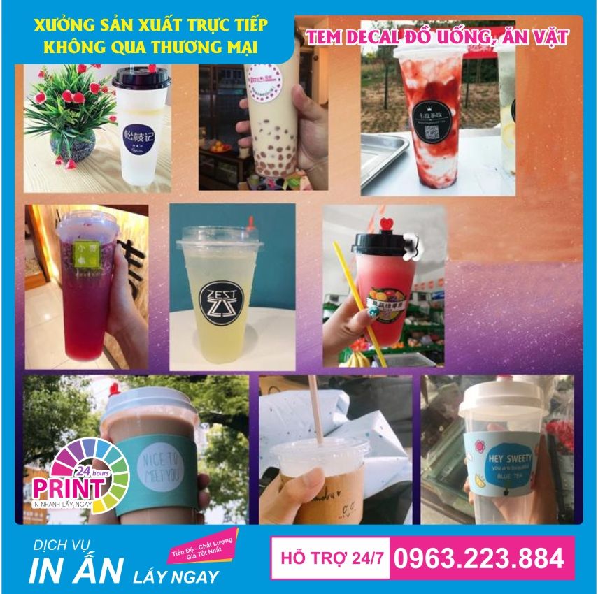 tem nhãn dán đồ ăn vặt, cốc cà phê, trà sữa