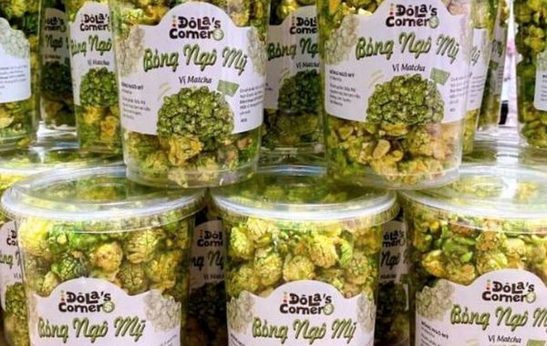 Tem nhãn giấy dán hộp đựng bỏng ngô Mỹ vị matcha