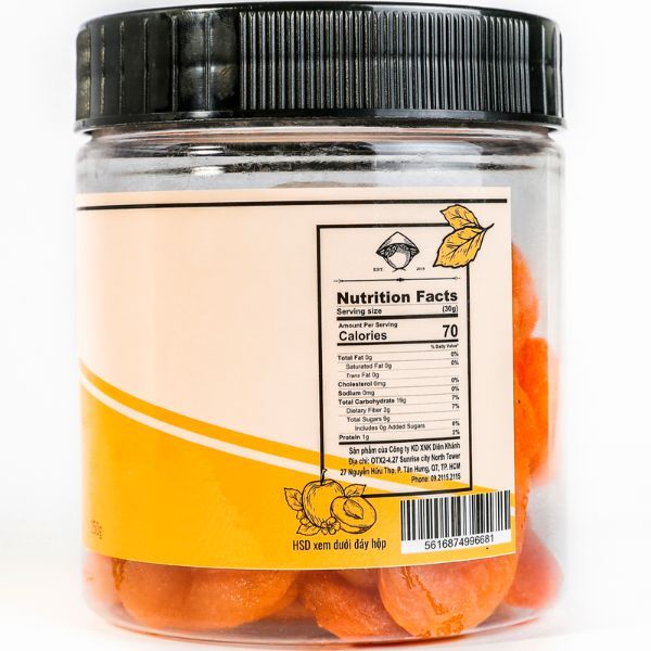 Thiết kế tem nhãn mặt bên và mặt sau hộp in thông tin sản phẩm mơ sấy