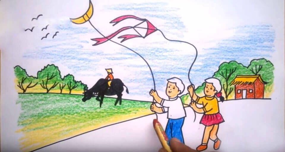 phác thảo màu tranh phong cảnh quê hương