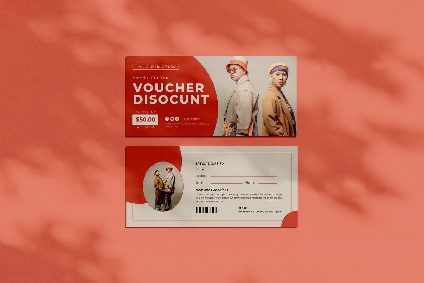 Mẫu voucher thời trang với tone màu đỏ